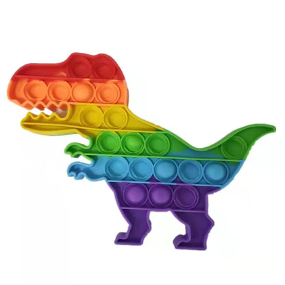 The Rainbow Pop Fidget Stress Toy by FidgetFuns is a multicolored dinosaur-shaped toy with horizontal rainbow stripes and circular bubbles, starting from red at the top to purple at the bottom, perfect for sensory play and endless stress relief.