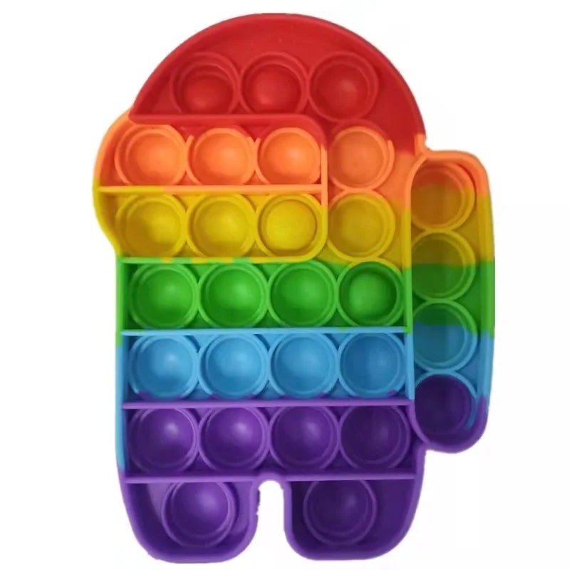 The Rainbow Pop Fidget Stress Toy by FidgetFuns, shaped like a character with a rounded top and single arm, offers sensory satisfaction with multiple rows of pressable bubbles for endless stress relief and enjoyment.