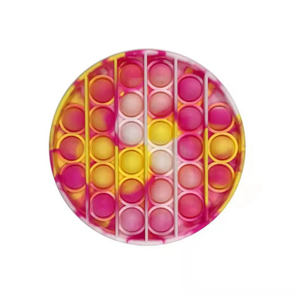 The Rainbow Pop Fidget Stress Toy by FidgetFuns offers sensory satisfaction and stress relief with its round, colorful marble pattern featuring pink, yellow, and white hues.