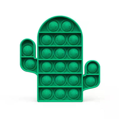 The Rainbow Pop Fidget Stress Toy by FidgetFuns is a cactus-shaped design with circular bubbles in rows and features a trunk and two side arms for stress relief and sensory satisfaction with every pop.