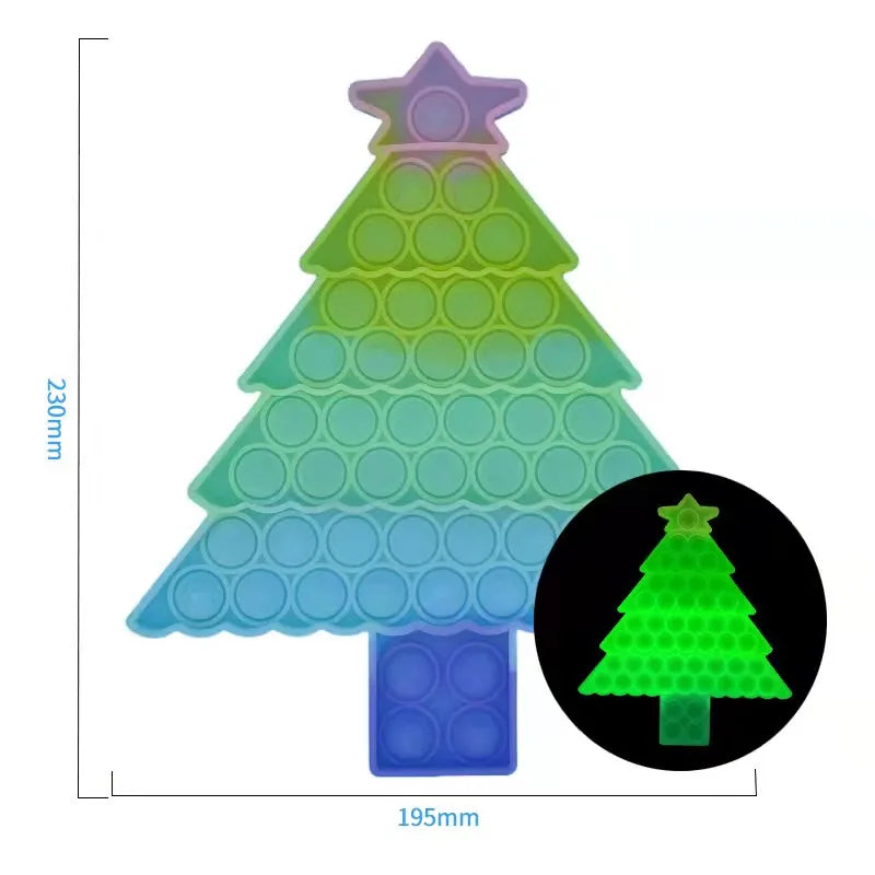 The Rainbow Pop Fidget Stress Toy by FidgetFuns is a Christmas tree-shaped pop-it, featuring a gradient from green to blue and measuring 230mm by 195mm. Glow-in-the-dark for festive stress relief, this toy offers sensory satisfaction.