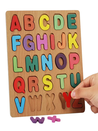 Colorful Alphabet, Number & Shape Matching Wooden Board – Montessori Preschool Puzzle - FidgetFuns