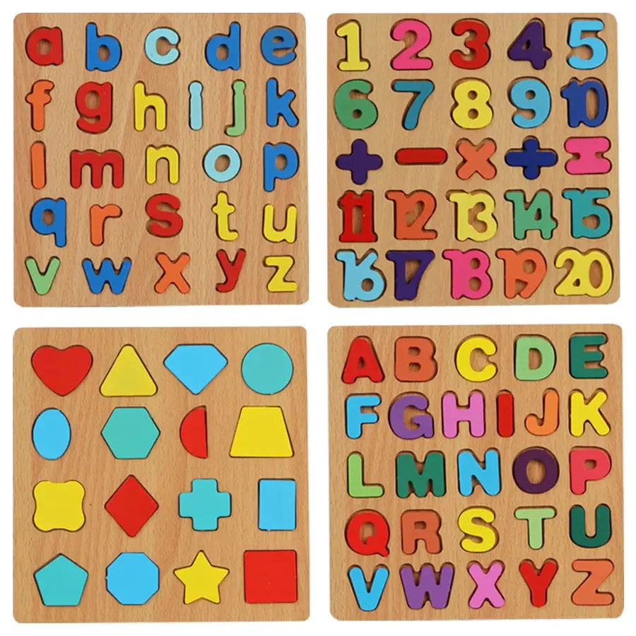 Colorful Alphabet, Number & Shape Matching Wooden Board – Montessori Preschool Puzzle - FidgetFuns