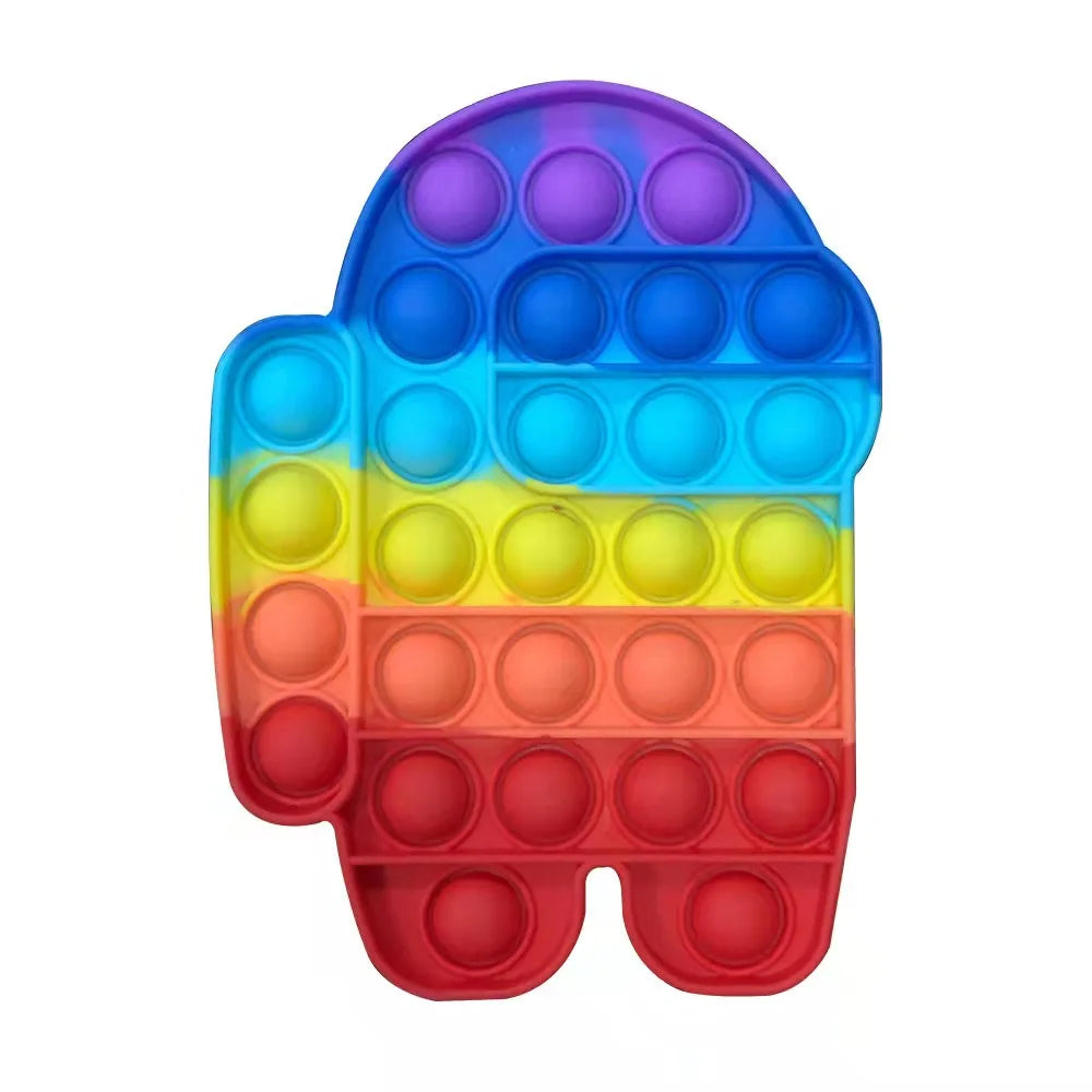 The Rainbow Pop Fidget Stress Toy by FidgetFuns is a character-shaped, rainbow-colored push bubble dimple toy with circular bubbles for sensory satisfaction and stress relief. The colors transition gracefully from purple at the top to red at the bottom.