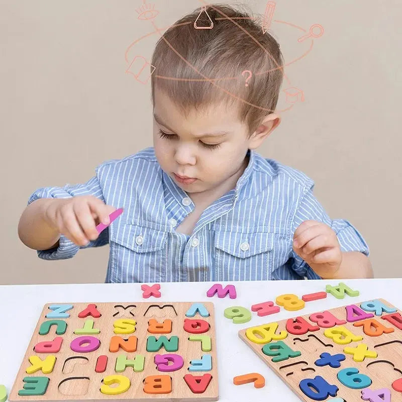 Kids Colorful Alphabet & Number Wooden Puzzle – Intelligent Matching Game - FidgetFuns