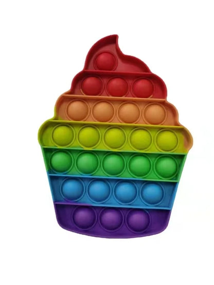 The Rainbow Pop Fidget Stress Toy by FidgetFuns is a cupcake-shaped push bubble dimple featuring horizontal rainbow stripes on a white background, designed for sensory satisfaction and stress relief.